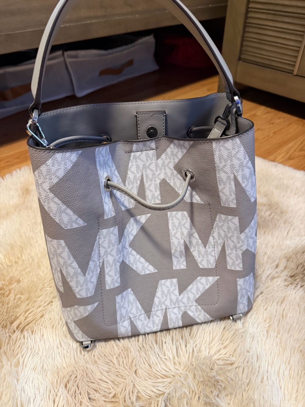 Michael Kors Gray and White Monogram Drawstring Bucket Bag - Picture 2 of 4